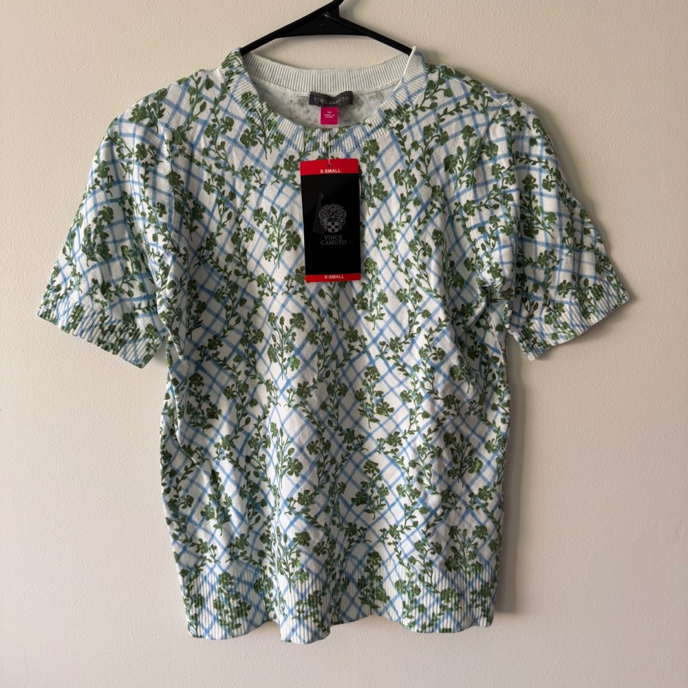 Vince Camuto Women's XS Green Floral Sweater, Short Sleeve Sweater